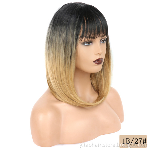 Anogol Cheap Ombre color black root Blonde Synthetic hair Bob Wigs With Bangs two tone 1B/#27 sik straight synthetic hair  wigs